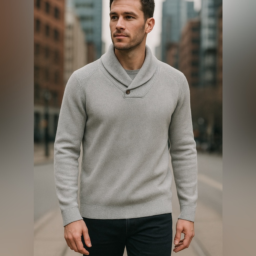 BANANA REPUBLIC Men’s Shawl Collar Sweater – Gray Knit Pullover – Size L